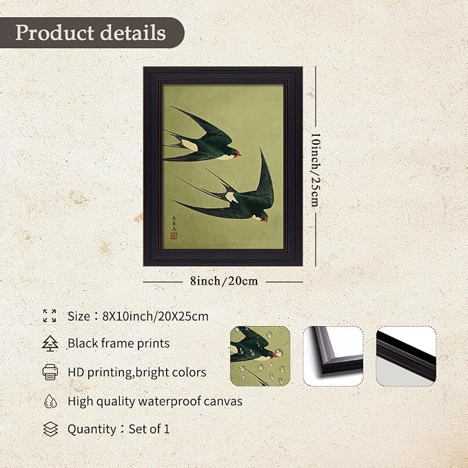 Vintage Framed Japanese Flying Swallow Wall Art Asian Japandi Bird Animal Poster Nature Vintage Green Canvas Prints for Living Room Bedroom Home Decor 08x10 inch