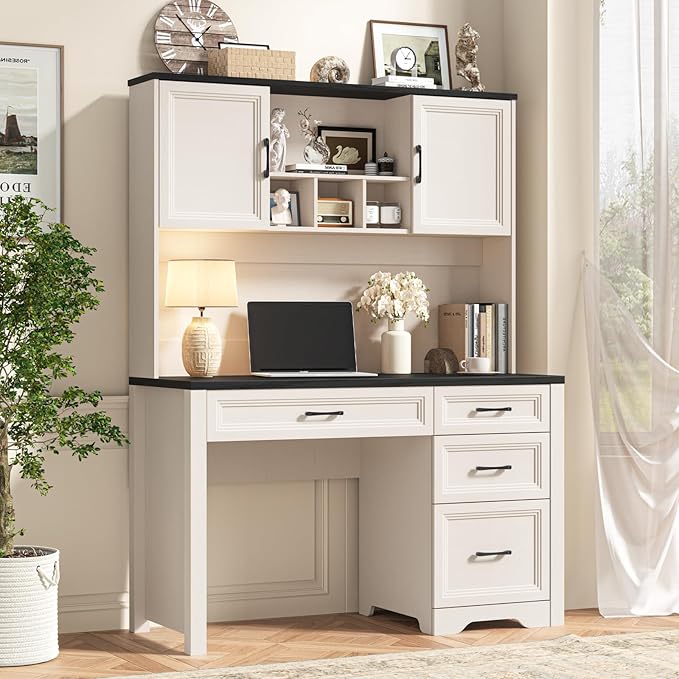 Vabches Farmhouse Executive Desk with 4 Drawers and Storage Cabinet, Rustic Large Home Writing Desk with Hutch, Workstation for Bedroom, Black.
