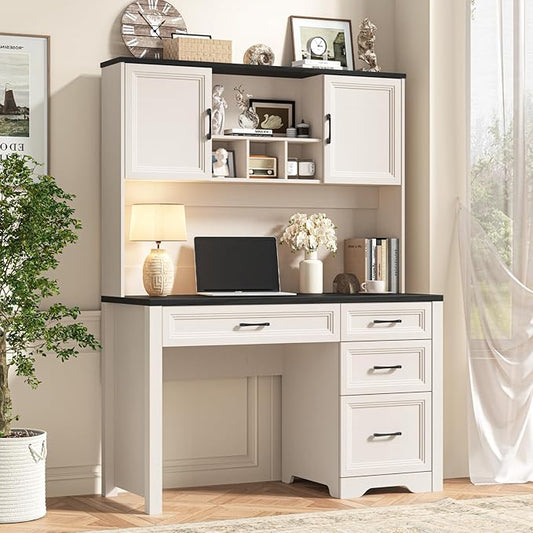 Vabches Farmhouse Executive Desk with 4 Drawers and Storage Cabinet, Rustic Large Home Writing Desk with Hutch, Workstation for Bedroom, Black.