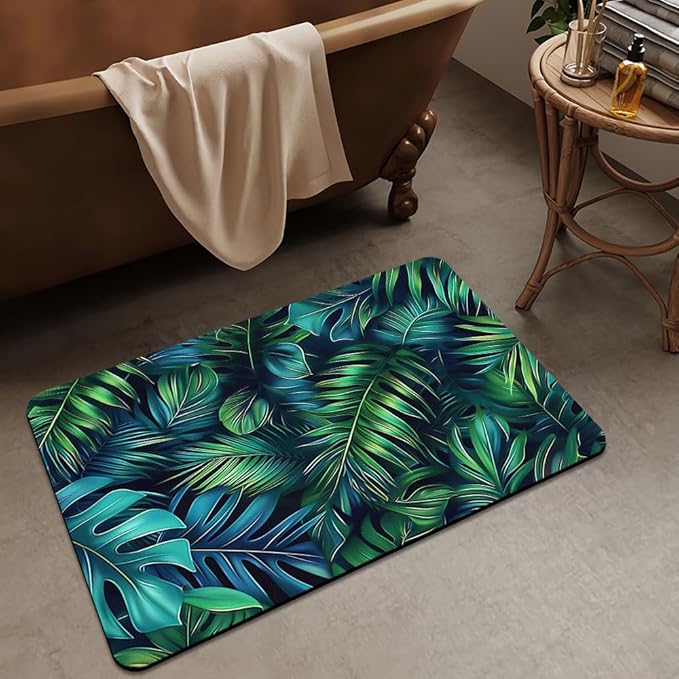 Bath Mat Rug,Green blue tropical leaves Non Slip Quick Dry Super Absorbent Thin Bathroom Rugs Fit Under Door-Easy to clean Bathroom Floor Mats-Shower Rug for Shower Sink Bathtub(17" x 27.5"In)