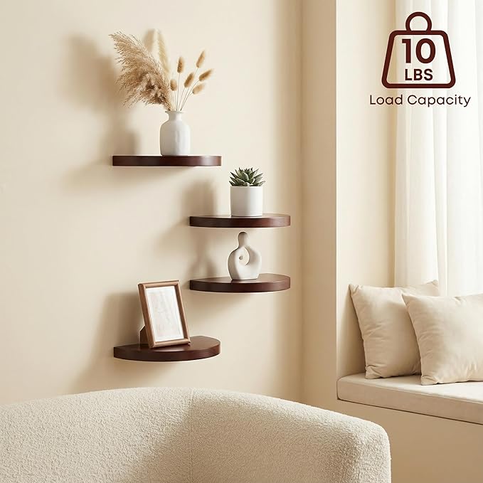Small Wood Floating Shelves (2-Pack, 6-inch Diameter) - Round Sturdy Invisible Wall Mount Display for Small Plants,Toys,Bathroom,Living Room Storage & Modern Rustic Décor (Dark Walnut)