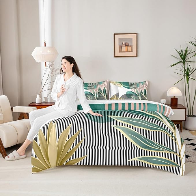 Erosebridal Mid Century Modern Bedding Sets Full Bohemian 7 Piece Comforter Set for Kids,Boho Tropical Modern Bed in a Bag Abstract Sun Minimalist Simple Sheet Set with Comforter,Green Pink