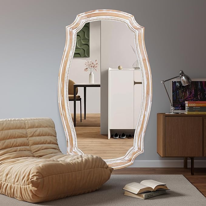 36x24 Inches Rustic Scalloped Wall Mirror, Baroque Irregular Curved Shape with Beaded, Distressed Wooden Decorative Hanging Mirror for Living Room, Bedroom, Entryway - Horizontal or Vertical