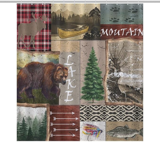 Retro Rustic Bear Shower Curtains, Vintage Deer Farmhouse Forest Cabin Lodge Woodland Adventure Cottage Country Waterproof Shower Curtains for Bathroom Decor 12 Pack Hooks 66x72in（168x183cm）