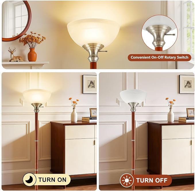 EJIAXIN Wood Floor Lamp for Living Room - Brushed Nikel Torchiere Floor Lamps for Bedroom Standing Lamp with Glass Shade - Mid Century Modern Corner Tall Lamps for Home Office Nursery Reading Light
