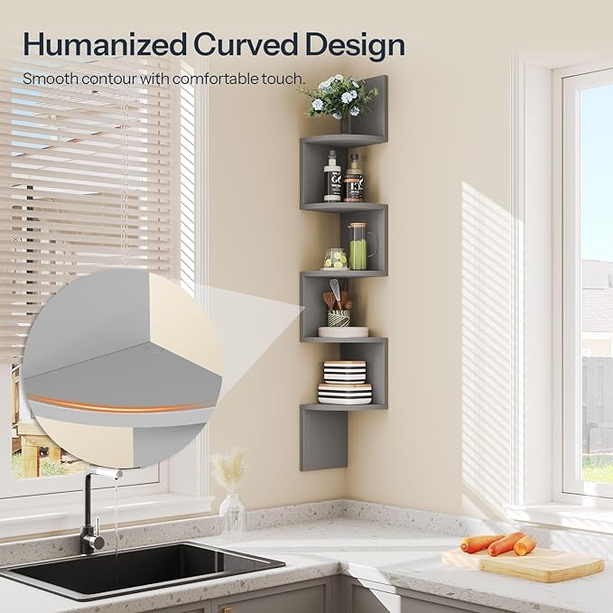 HOOBRO Corner Shelf Wall-Mounted, Set of 2 Floating Corner Shelves, 5-Tier Bookshelves for Wall Decor in Living Room, Bedroom, Home Office, Dove Gray GY26BJP201