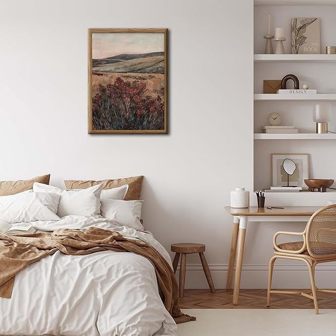 Moody Landscape Wall Art Vintage Wildflower Wall Decor Painting Cottagecore Nature Botanical Flower Picture Artwork 3D Textured Hand Drawn Sandstone for Living Room Bedroom 24x36 inch Wood Framed