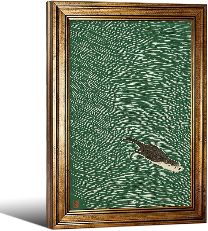 Gold Framed Japanese Otter Swimming Poster Funny Nature Wild Animal Pictures Retro Minimal Green Water Canvas Wall Art for Living Room Bedroom Bathroom 16x24 inch