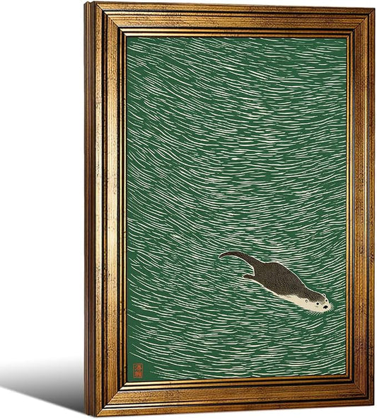 Gold Framed Japanese Otter Swimming Poster Funny Nature Wild Animal Pictures Retro Minimal Green Water Canvas Wall Art for Living Room Bedroom Bathroom 20x30 inch