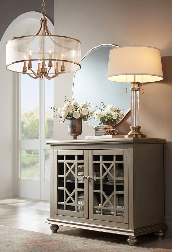 Vienna Full Spectrum Rolland 3-Way Table Lamp with Table Top Dimmer 30" Tall Antique Brass Crystal Column Off White Tapered Drum Shades for Living Room Bedroom House Bedside Nightstand Home Office