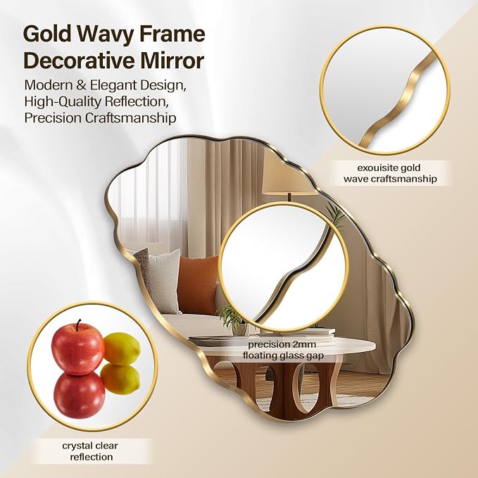 ANDY STAR Brushed Gold Wavy Oval Scalloped Mirror - 24x32 Wavy Modern Bathroom Mirror, Brass Anti-Rust Stainless Steel Frame, Hang Vertical or Horizontal