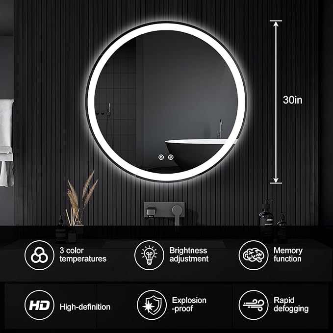 Sweetcrispy 30-Inch Round LED Bathroom Backlit Mirror with Lights, Circle Vanity Mirrors with Anti-Fog, Dimmable, 3-Color Light, Memory Function, Tempered Glass
