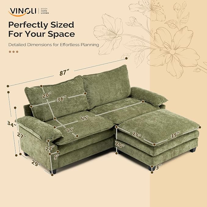 VINGLI 87" Convertible Sectional Sofa,L-Shaped Deep Seat Sofa Couch for Living Room,Modern 2-Seat Loveseat Sofa with Ottoman for Small Space(Olive Green)
