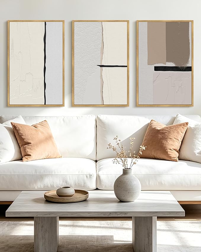 KUVIOKE Neutral Abstract Framed Wall Art Beige Mid Century Textured Wall Decor Minimalist Modern Illustrations Art Print for Living Room Bedroom 16x24in (Natural Framed)