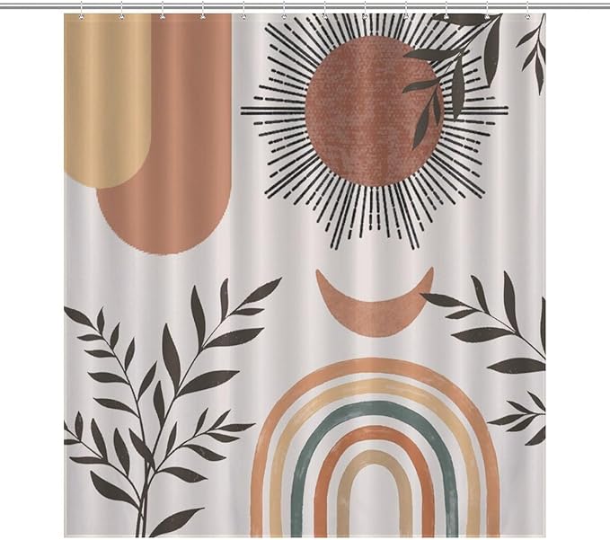 Mid Century Abstract Boho Shower Curtain Orange Vintage Aesthetic Nature Leaf Sun Modern Washable Waterproof Fabric for Bathroom Decor Bathtub with 12 Hooks 66x72in（168x183cm）