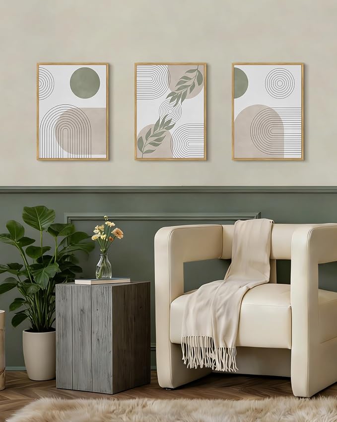 Drsoum Green Bohemian Wall Art Framed Boho Plant Sage Wall Decor Abstract Geometry Artwork Bedroom Home Office Living Room Prints Ready to Hang 11x14in Natural Framed