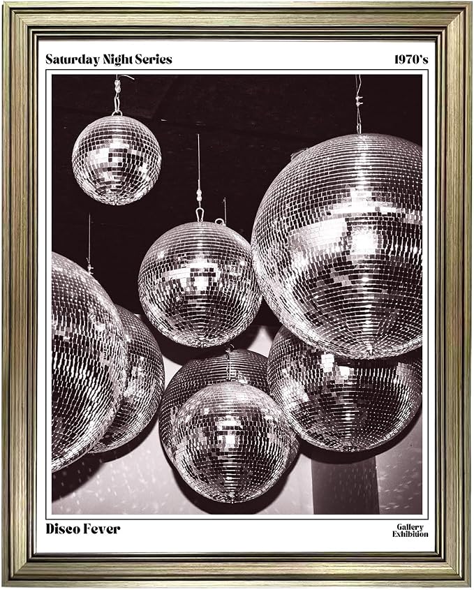 Disco Ball Decor, Vintage Framed Print Posters for Room Aesthetic, Trendy Retro 70s Decor Funky Wall Art, Preppy Bar Cart Canvas Artwork