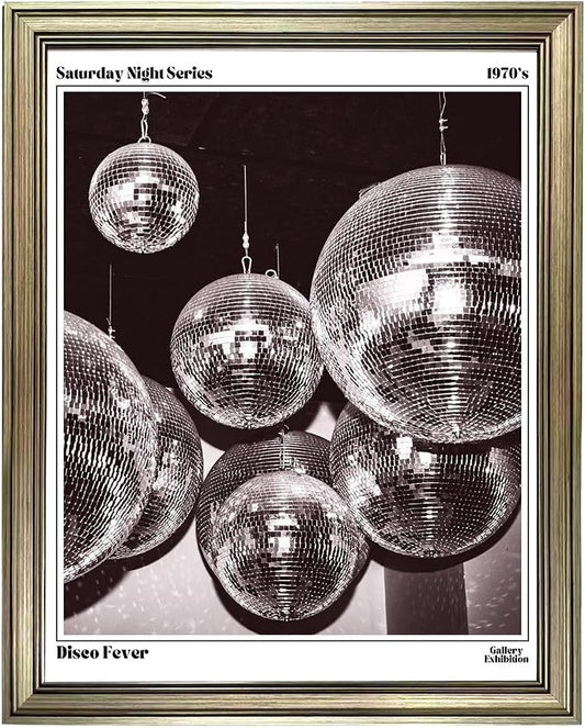 Disco Ball Wall Art, Vintage Framed Print Posters for Room Aesthetic Decor, Trendy Retro 70s Decor Funky Music Wall Art, Preppy Bar Cart Canvas Artwork