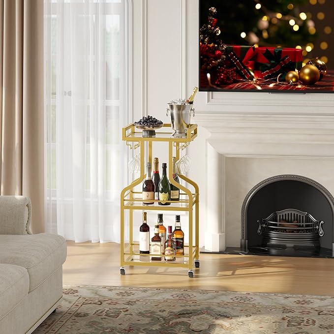 Bar Cart, 3-Tier Bar Serving Rolling Cart with Wheels and Wine Glass Holders, Mobile Beverage and Wine Cart, for Kitchen, Dining Room, Gold TTC30GJ