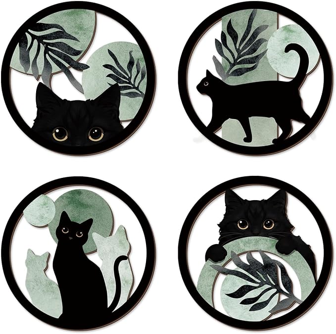 TOARTi 4PCS Boho Black Cat Wooden Wall Art,Sage Green Cats Round Wall Decor,Bohemian Green Plant Hanging Art,Minimalist Botanical Kitty Artwork for Farmhouse Bedroom Living Room Black Cats Room Decor