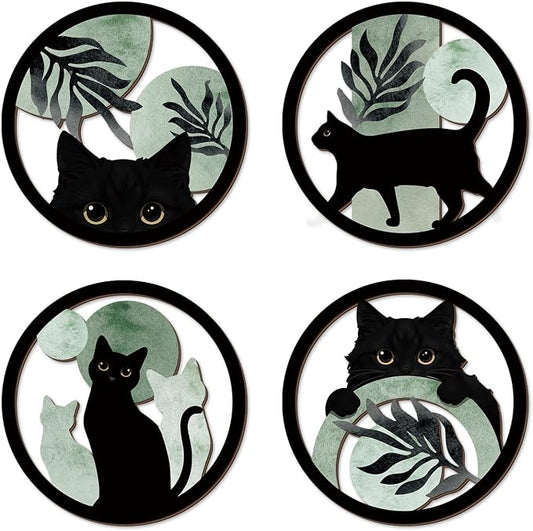 TOARTi 4PCS Boho Black Cat Wooden Wall Art,Sage Green Cats Round Wall Decor,Bohemian Green Plant Hanging Art,Minimalist Botanical Kitty Artwork for Farmhouse Bedroom Living Room Black Cats Room Decor