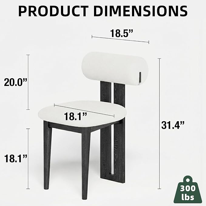Upholstered Kitchen & Dining Room Table Chairs Set of 2, Solid Wood White Mid Century Dining Chairs with Boucle Upholstery, Cylindrical Backrest for Vanity, Living Room, Office, White & Black