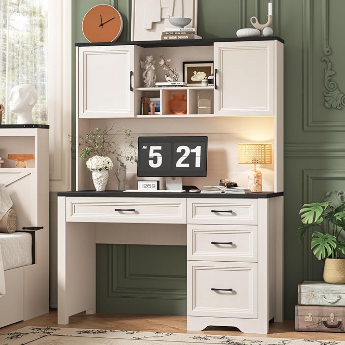 Vabches Farmhouse Executive Desk with 4 Drawers and Storage Cabinet, Rustic Large Home Writing Desk with Hutch, Workstation for Bedroom, Black.