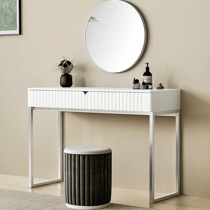 Tamworth Design Modern Multi-Purpose Desk, White & Antique Brass, 43" L x 15.75" W, 2 Large Drawers, Computer/Vanity/Study, Adult Size
