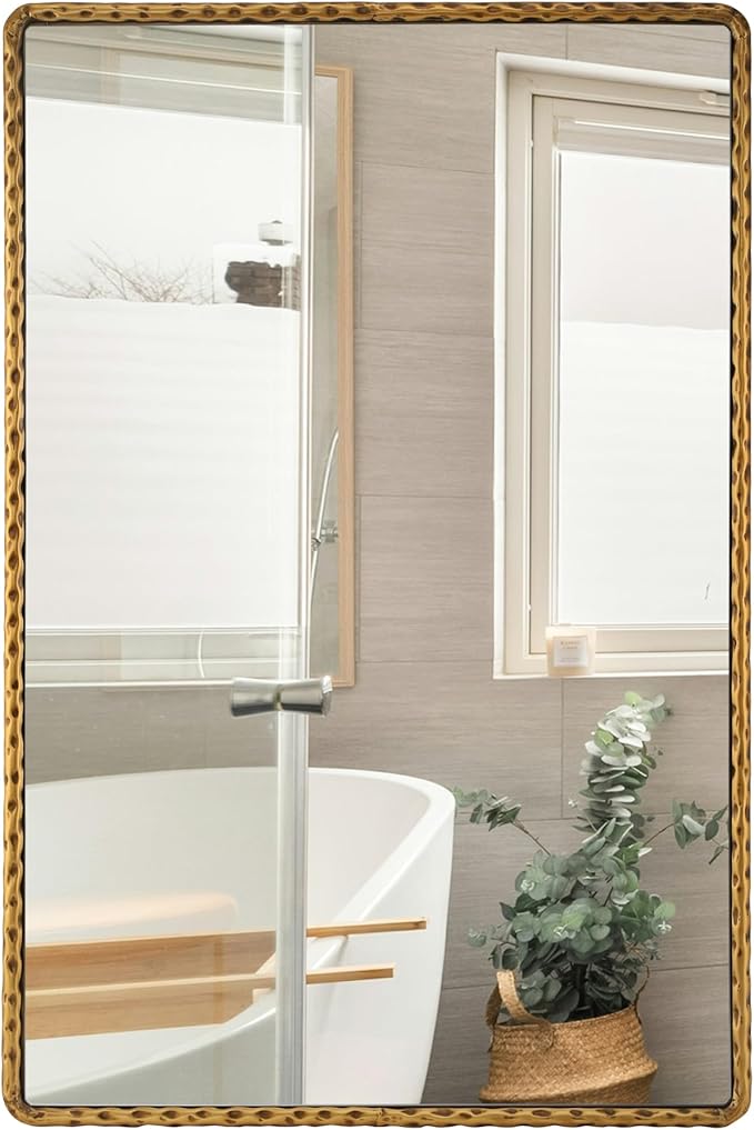24"x36"Antique Gold Rounded Rectangle Bathroom Mirror, Hammered Metal Frame Wall Mirror, Vintage Decorative Gold Vanity Mirror for Bathroom Over Sink, Horizontal or Vertical Hanging