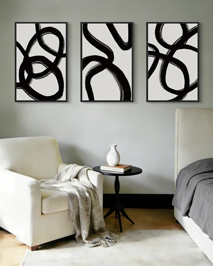Drsoum Lager 16x24in Black and Gray Abstract Framed Wall Art Decor Duotone Minimal Dark Brush Stroke Prints Shapes Illustrations Modern Art Decorative Ready To Hang - Black Framed