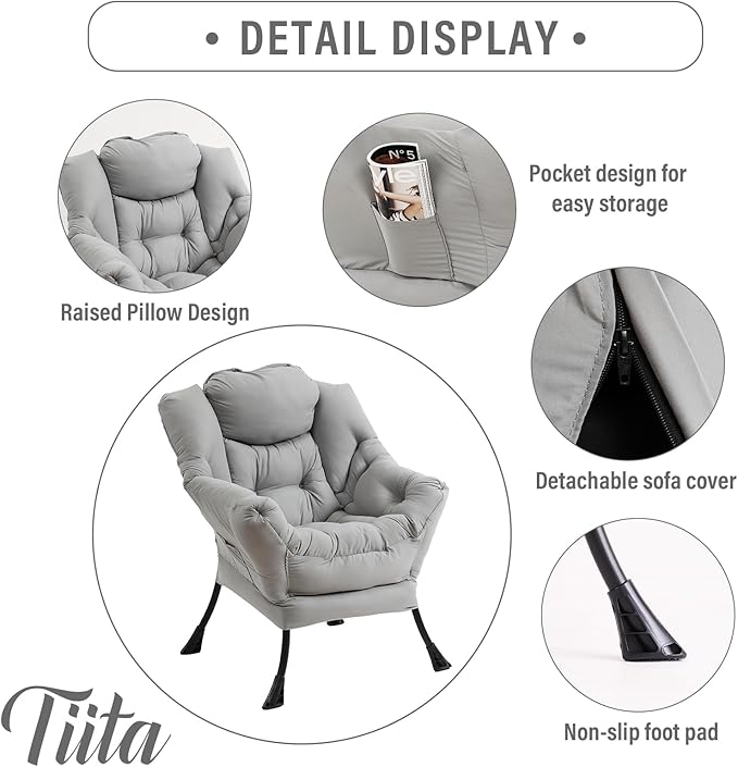 Tiita Lazy Chair with Ottoman, Light Grey Modern Large Accent Chair, Comfy Leisure Sofa Armchair with Ottoman, Reading Chair with Footrest for Bedroom, Living Room, Dorm Rooms, Peach Light Grey