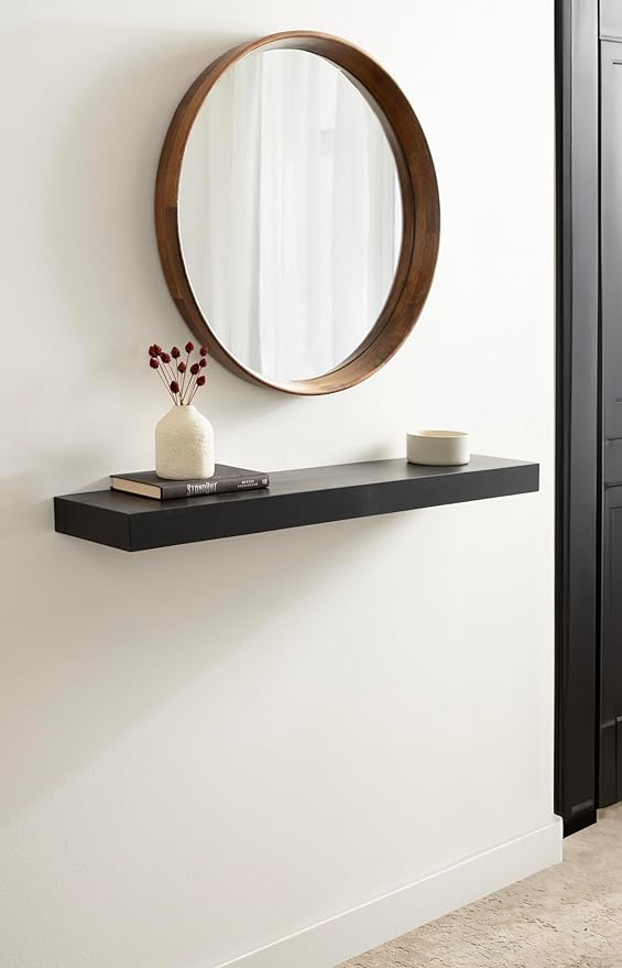 Kate and Laurel Havlock Modern Natural Floating Shelf; 36 x 8; Black; Functional Bathroom and Kitchen Shelf for Storage and Display of Picture Frames or Plants