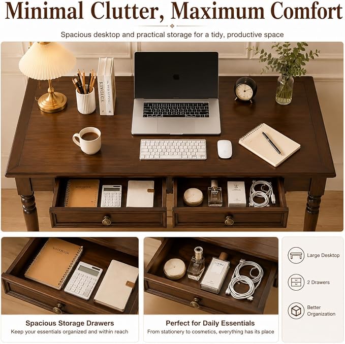 Solid Wood Desk with Drawers, Walnut Writing Desks, Small Computer Desk for Small Spaces, Gaming Study Home Office Desks for Work, Student PC Desk for Bedroom, Escritorios para Cuartos