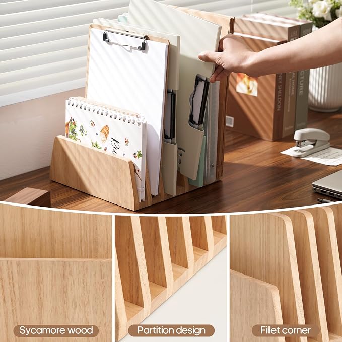 KIRIGEN Wooden Desk Mail Organizer, 7-Slot File Holder and Letter Sorter Wood Document Hlder for Mail, Folders, Bills, Papers, Home Office, Classroom, Countertop, No Assembly Natural 7KWJJ-NA