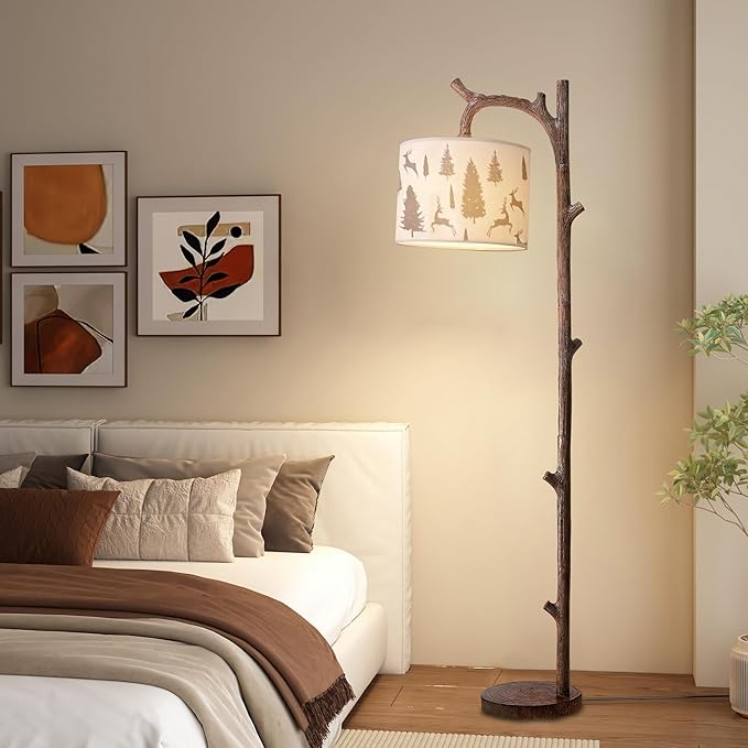 70" Farmhouse Rustic Floor Lamps for Living Room, Brown Vintage Tree Trunk Standing Tall Lamp Faux Wood with Fabric Drum lampshade, Vintage Reading Floor Light for Bedroom Office Hotel