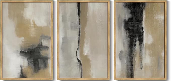 KUVIOKE Black Abstract Framed Wall Art Neutral Graffiti Pastel Minimalist Wall Decor Modern Art Painting for Bedroom Living Room 24x36in (Natural Framed)