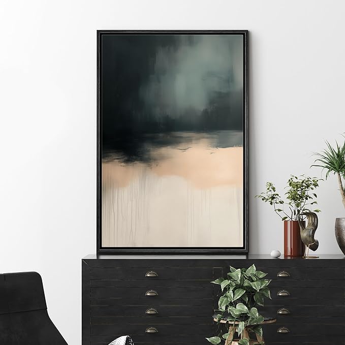 MUDECOR Framed Canvas Print Wall Art Dark Teal and Beige Drip Abstract Contemporary Gradient Illustrations Fine Art Decorative Zen Multicolor Country/Farmhouse Retro for Bedroom - 16"x24" BLACK