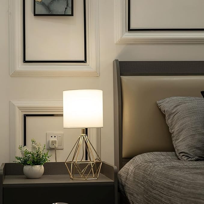 Gold Small Table Lamp Set of 2, Modern Bedside Nightstand Lamps with Geometric Metal Base White Fabric Shade, Cute Desk Lamp for Living Room Bedroom