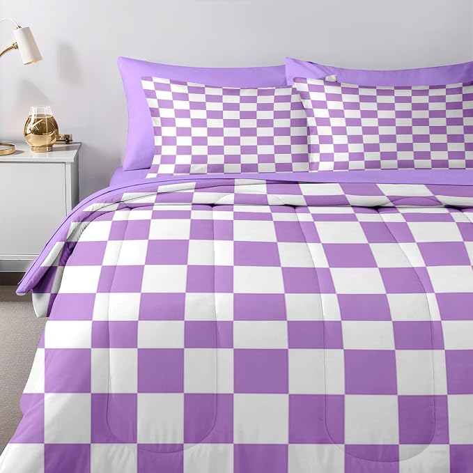 Nesker Comforter Set Queen Size, Purple Plaid Gingham 7 Pcs Bedding for Kids and Adults, Checkerboard Grid Bed Sheet Sets with Fitted Sheet 2 Pillowcases & 2 Shams