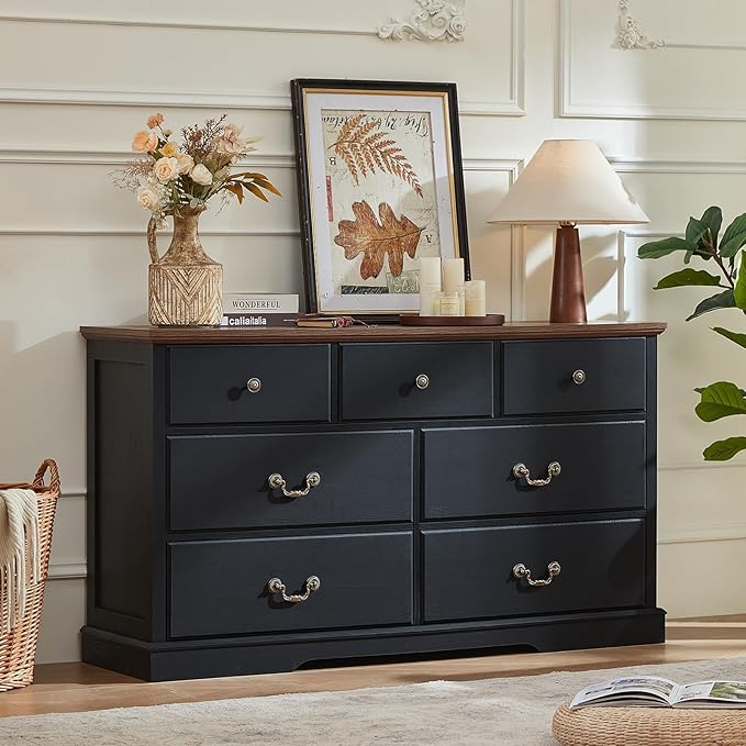 Farmhouse 7 Drawer Dresser for Bedroom,55" Wide Wood Rustic Chest of Drawers,Farmhouse Chest of Drawers for Bedroom,Wood Drawer Organizer for Living Room, Hallway,Bedroom,Black