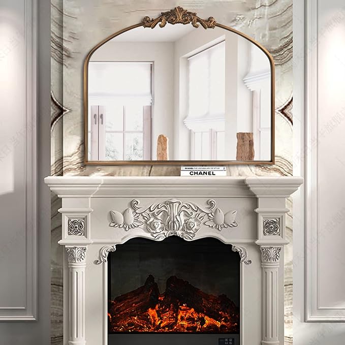 Gold Arched Mirror,Baroque Brass Fireplace Mirror Decor, Victorian Vintage Mirrors with Full Matel Frame,Ornate Mirrors for Entryway/Bathroom/Living Room/Hallway 36"X30"