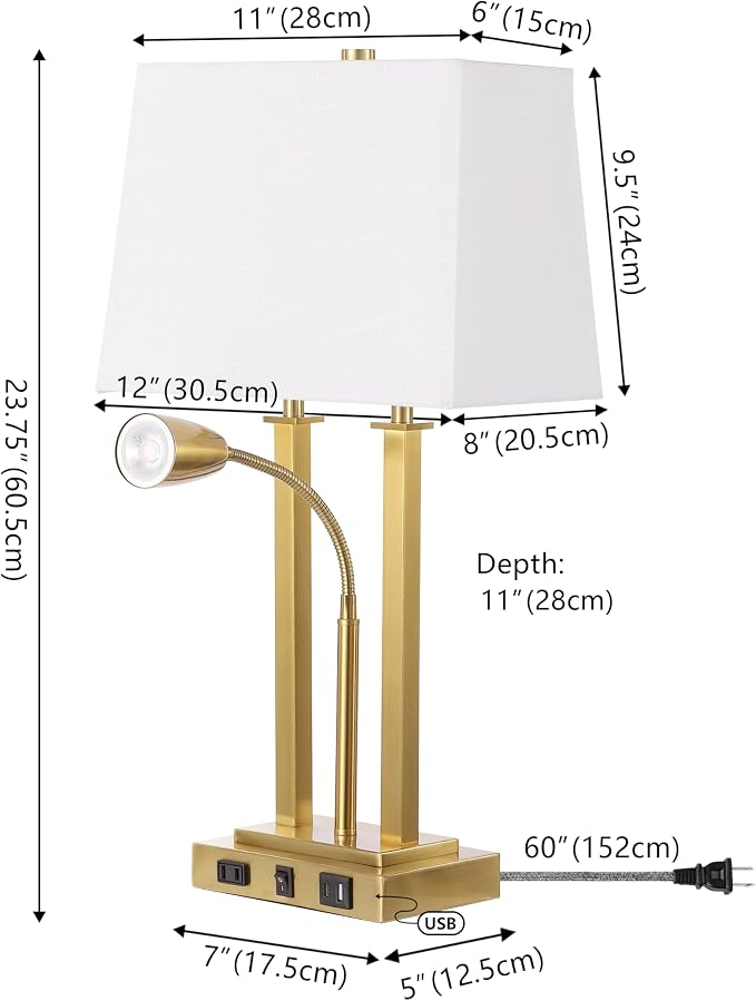 JONATHAN Y 23.75" Brass Gold 2-Light Modern Farmhouse LED Table Lamp with USB, White Linen Shade, AC Outlet, Adjustable Reading Light for Bedside Nightstand and Living Room (JYL1144B)