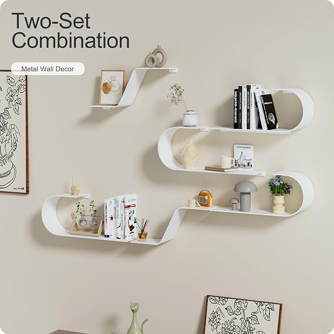 White Floating Shelves Set of 3, White Metal Decor, Unique Mounted Floating Shelf, Modern Long Wall Shelf, Large Wall Shelves for Bedroom, Bathroom, Living Room