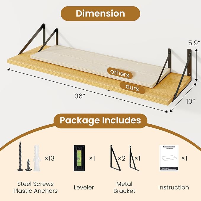 Deep Floating Shelves for Wall,36" Wx10 D Wood Wall Shelves with Metal Brackets,Hanging Storage Floating Shelf for Living Room,Bedroom,Bathroom,Office,Kitchen,Oak