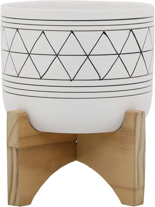 Flora Bunda 5" White Black Ceramic Geometric W/Wood Stand Planter Mid Century