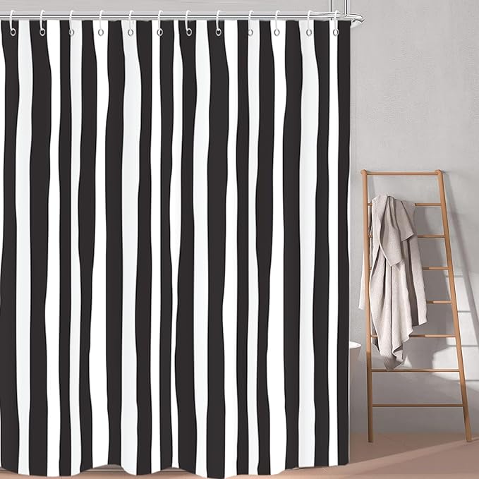 Black and White Shower Curtain, Striped Boho Minimalist Modern Waterproof Fabric Machine Washable for Bathroom Decor Bathtub with Hooks 72x72