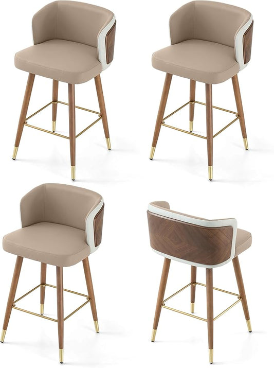 ARTPLAN Mid Century Modern Bar Stools Set of 4 for Counter Height - Leather Upholstered Seat with Walnut Wood Frame, Retro 34 Inch Bar Chairs for Home Kitchen Island, Bar, Breakfast Nook,Apricot