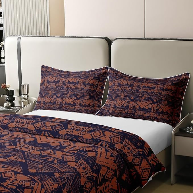 100% Natural Cotton Ikat Duvet Cover Full Ethnic Bedding Set Boho Exotic Tribal Abstract Geometric Stamp Comforter Cover Brown Aztec Room Decor Bohemian Quilt Cover for Man Woman Adult