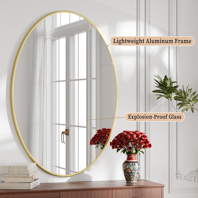 26"x38" Oval Bathroom Mirror with Gold Metal Frame - Oval Wall Mirror Hanging or Leaning Vertical or Horizontal for Bedroom, Living Room, Entryway