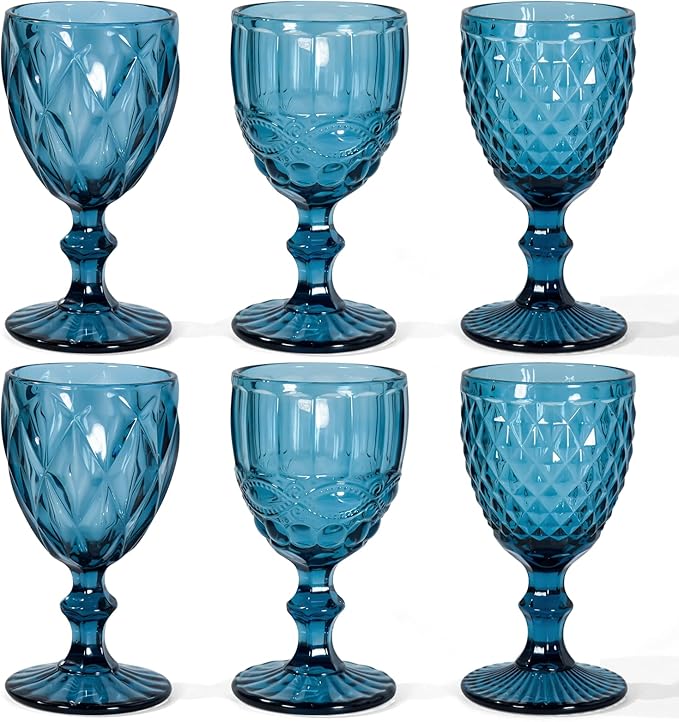 Vintage Wine Glasses Set of 6, 12 OZ Colored Glass Water Goblets, Embossed Floral Decorative Crystal Glass Cups Set, Dishwasher Safe, for Wedding, Party, Red Wine Glass, Bars, Restaurants